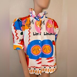 Adrienne Jodie Top NWT Large Colorful Print Puff Sleeve Ruffle Collar Button top